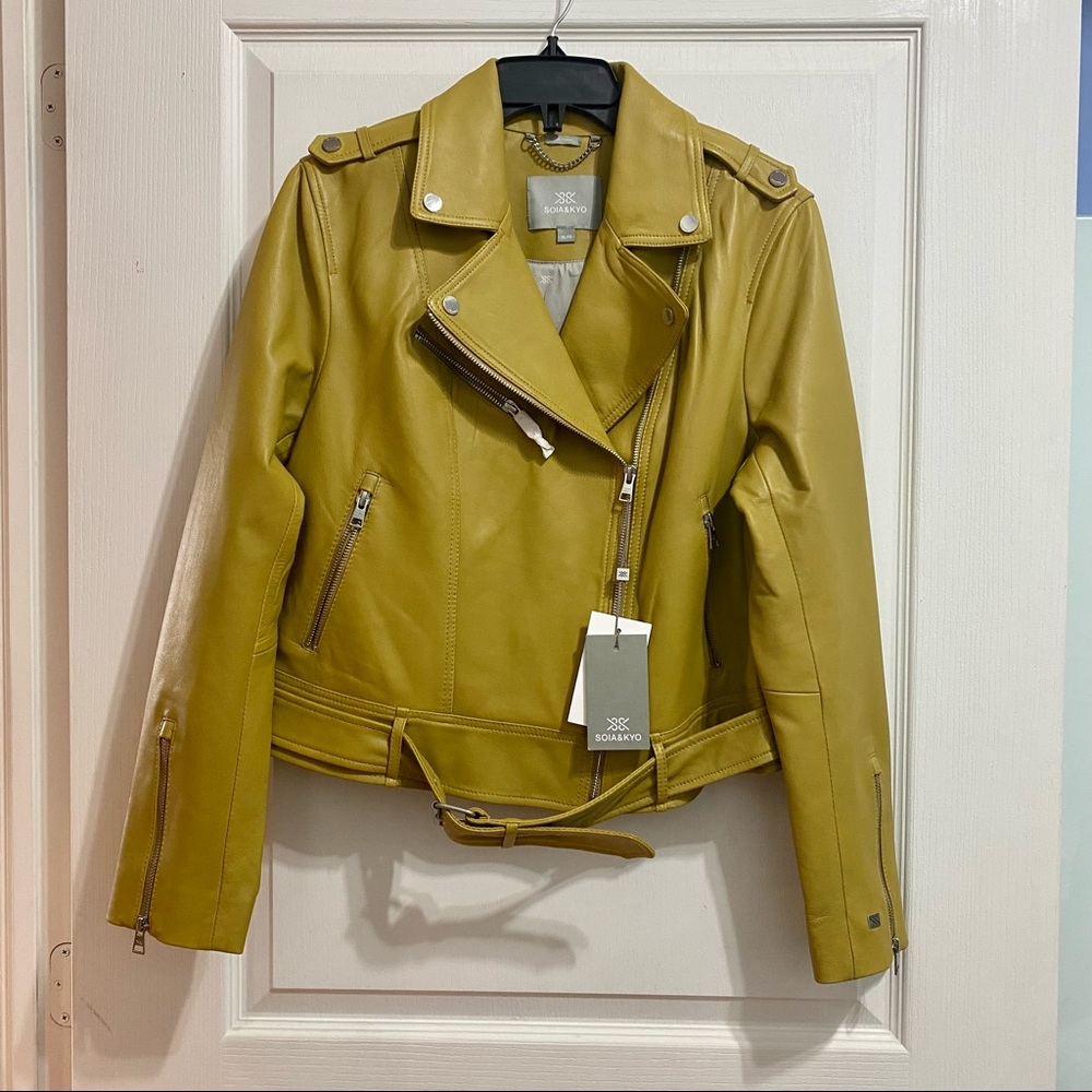 SOIA & KYO Women’s Biker Jacket, Leather, size XL, Mustard, NWT